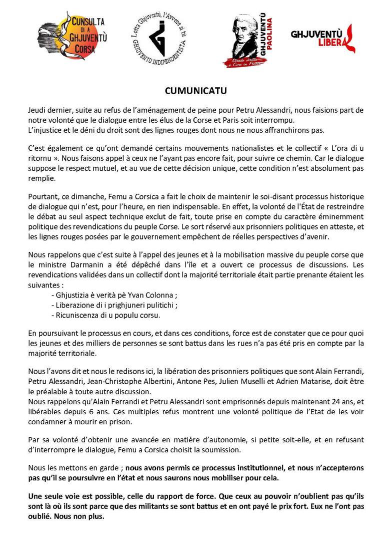 #CUMUNICATU

"Une seule voie est possible, celle du rapport de force. Que ceux au pouvoir n’oublient pas qu’ils sont là où ils sont parce que des militants se sont battus et en ont payé le prix fort. Eux ne l’ont pas oublié. Nous non plus."