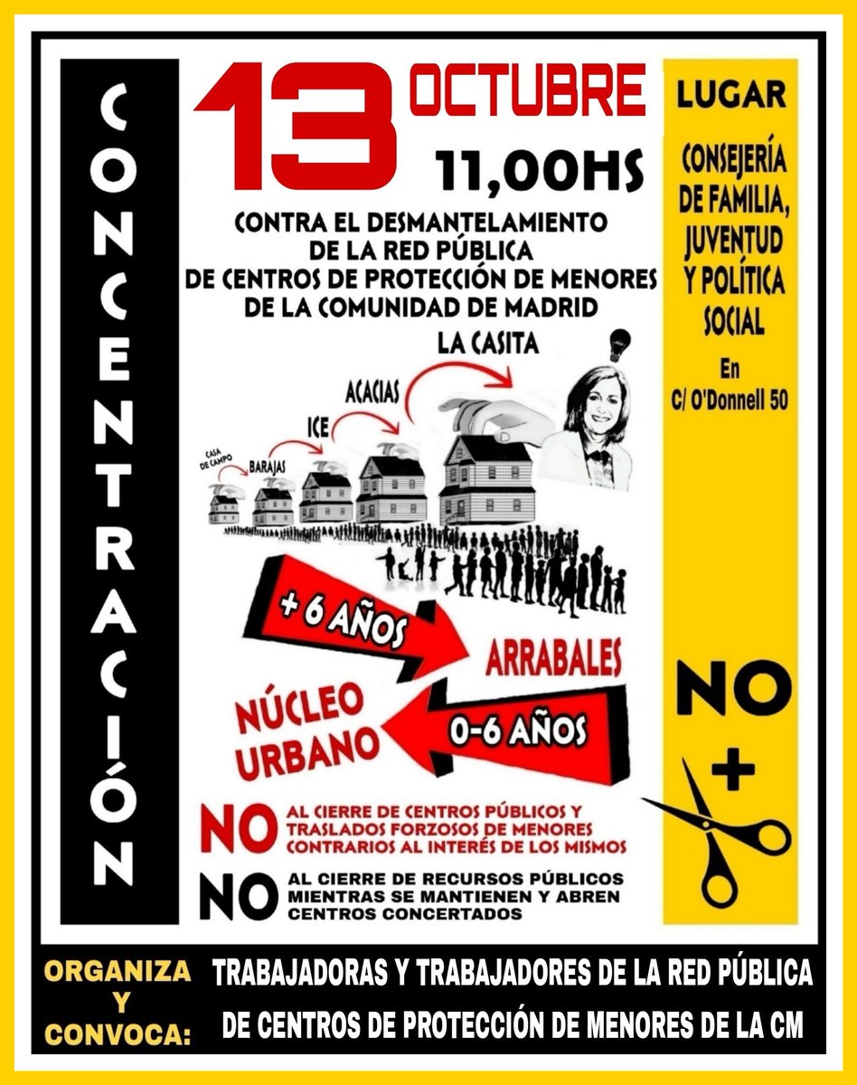 SOS. Necesitamos ayuda para dar voz a los menores más vulnerables. Acude a la concentración contra el desmantelamiento de la red pública de centros de protección de la CM.
No al cierre de La Casita
No a la exclusión de menores + 6 años
Yo voy. Y tú?
@somosCasita