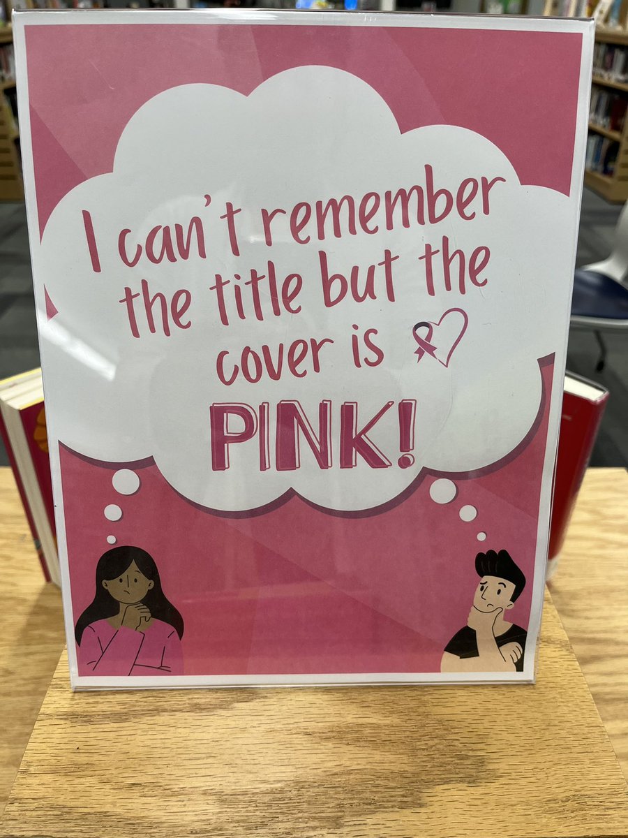 tfcoach_hirsch's tweet photo. “I can’t remember the title but…” #bookdisplay at the #syossethslibrary. Pink for #BreastCancerAwarenessMonth https://t.co/YAaT5ltPwQ