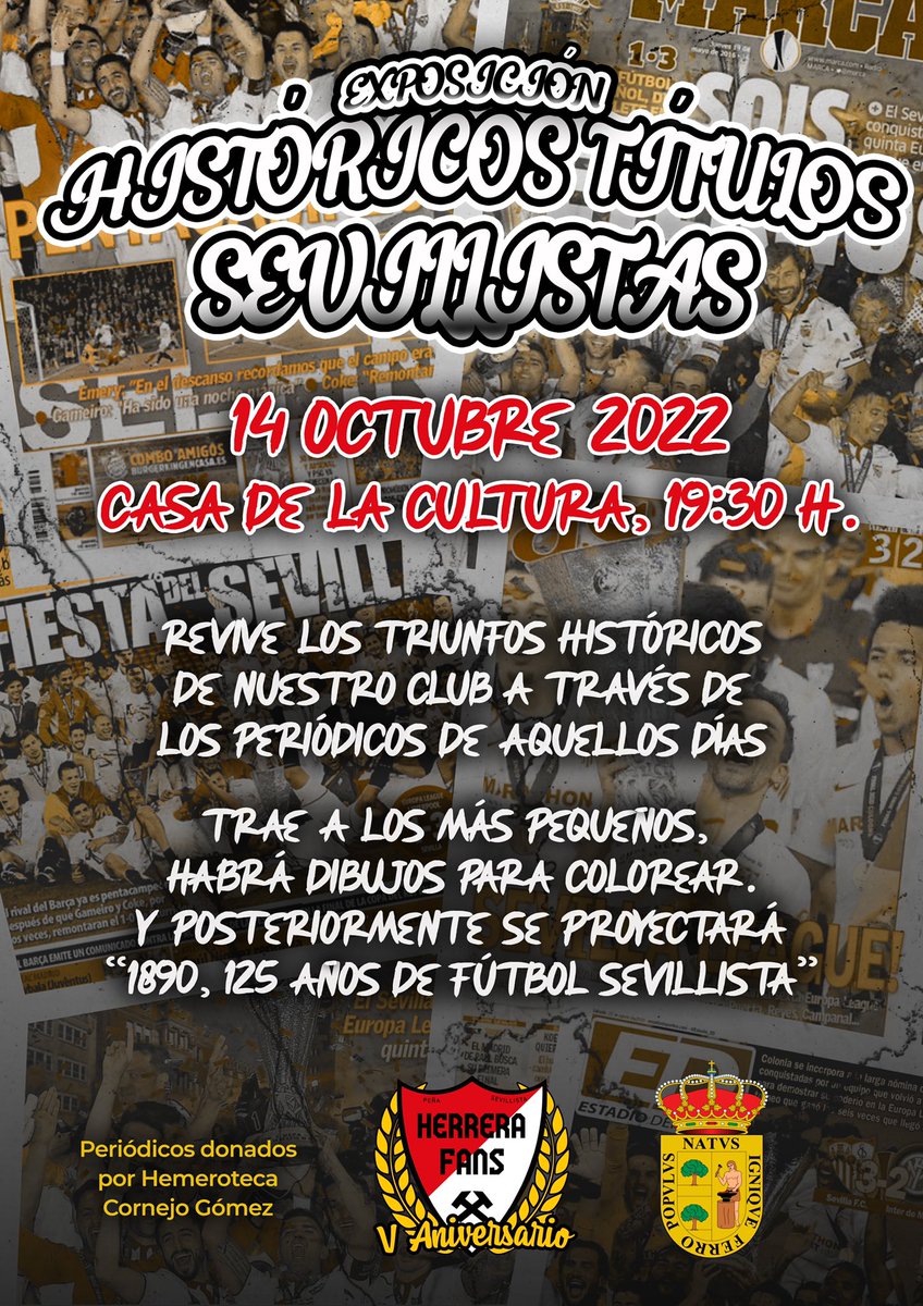 📰 El próximo 14 de octubre cumplimos cinco años como peña sevillista. 
Vente con los más pequeños y rememoremos aquellos días en los que fuimos campeones. ¡Te esperamos!