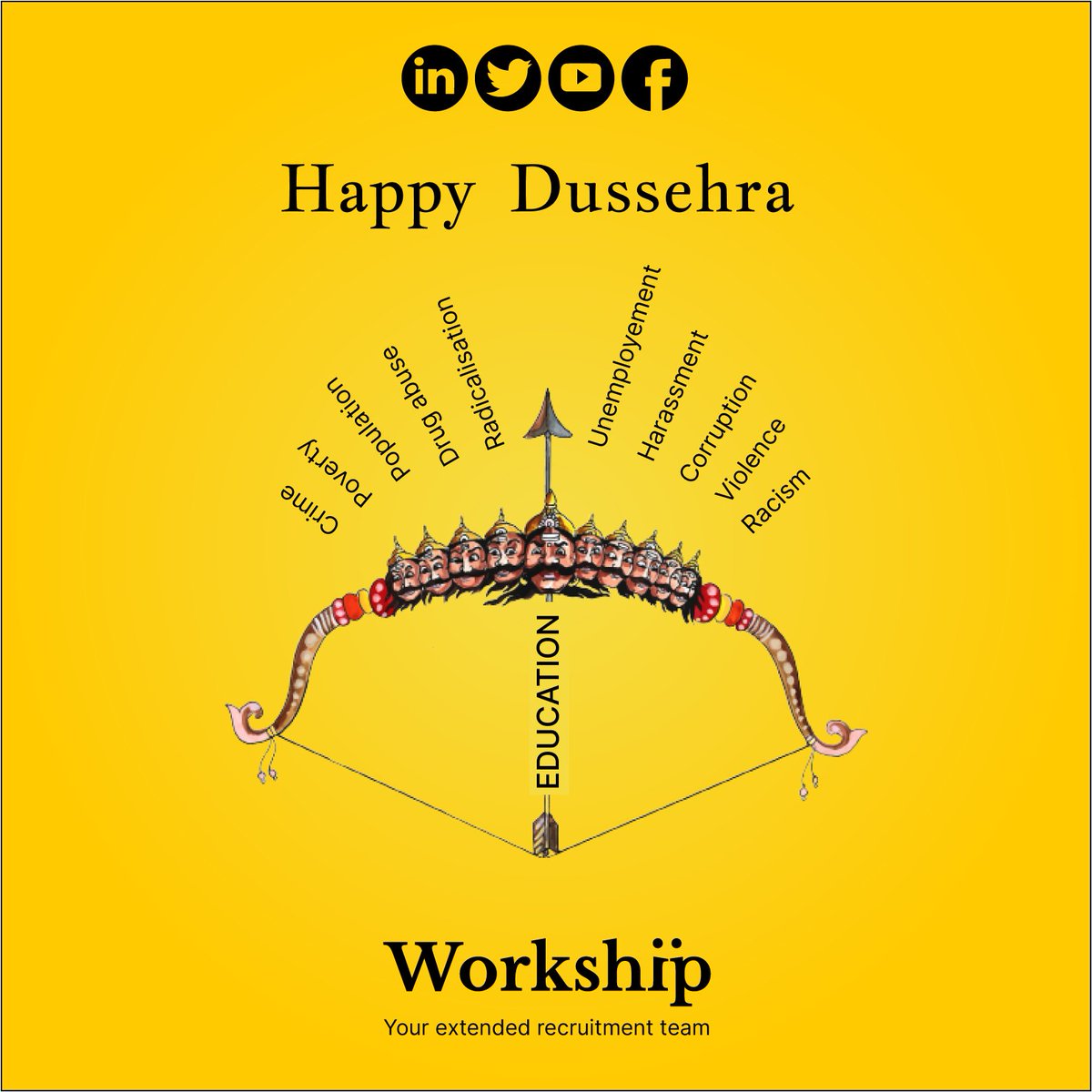 Workship_India's tweet photo. Let's use the most powerful weapon education to finish war against social issues. 

Happy Dussehra

#HappyDussehra #dussehra2022 #dussera  #Dussehra https://t.co/nXi2nwjOpA