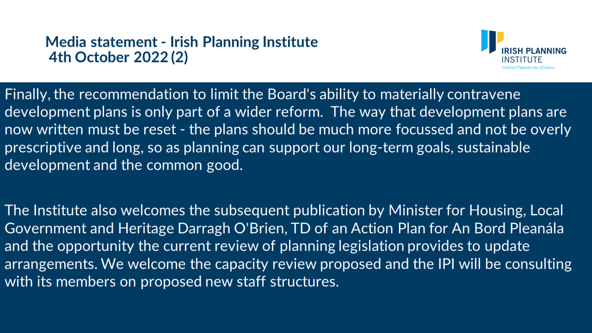 IrishPlanInst's tweet photo. Irish Planning Institute statement on the release of 
@PlanningReg  report and @DeptHousingIRL Action Plan https://t.co/P44UHfOR9u