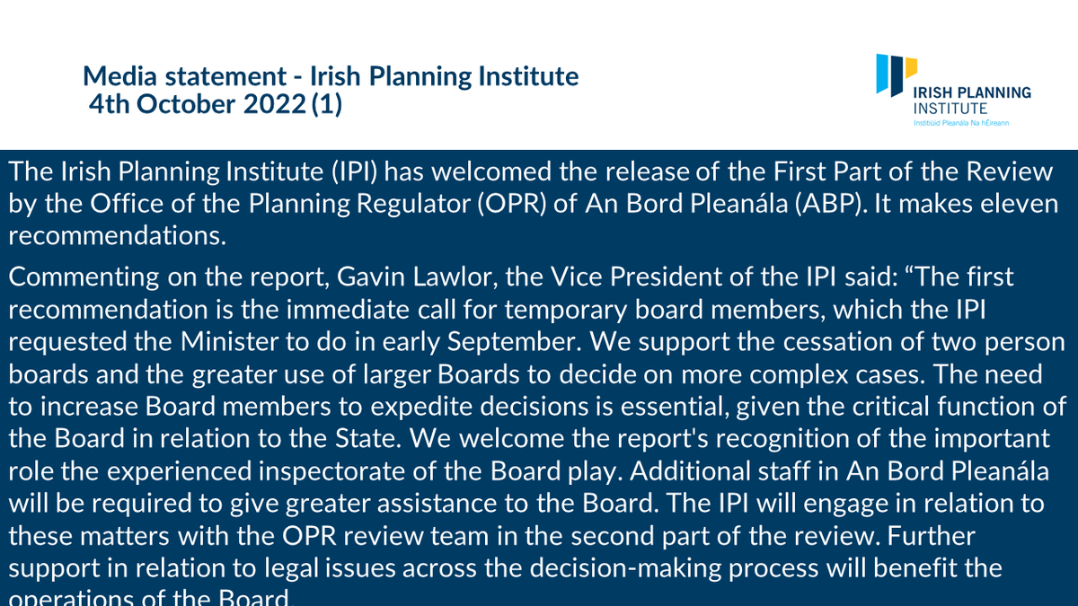 IrishPlanInst's tweet photo. Irish Planning Institute statement on the release of 
@PlanningReg  report and @DeptHousingIRL Action Plan https://t.co/P44UHfOR9u