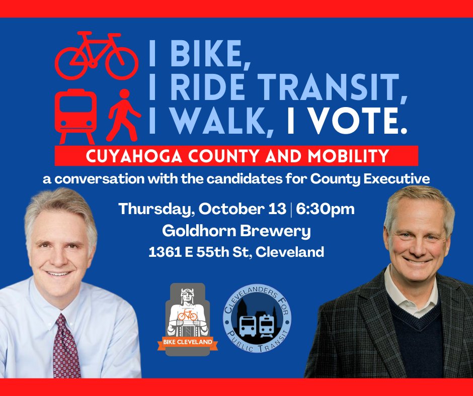 Bike_CLE's tweet photo. NEXT WEEK: join us for a conversation with @chrisronayne and @weingart2022 on transit &amp; mobility in Cuyahoga County. Have a question for the candidates? Submit there here: https://t.co/UNaZYZBIFh https://t.co/ZAYHL6THsC