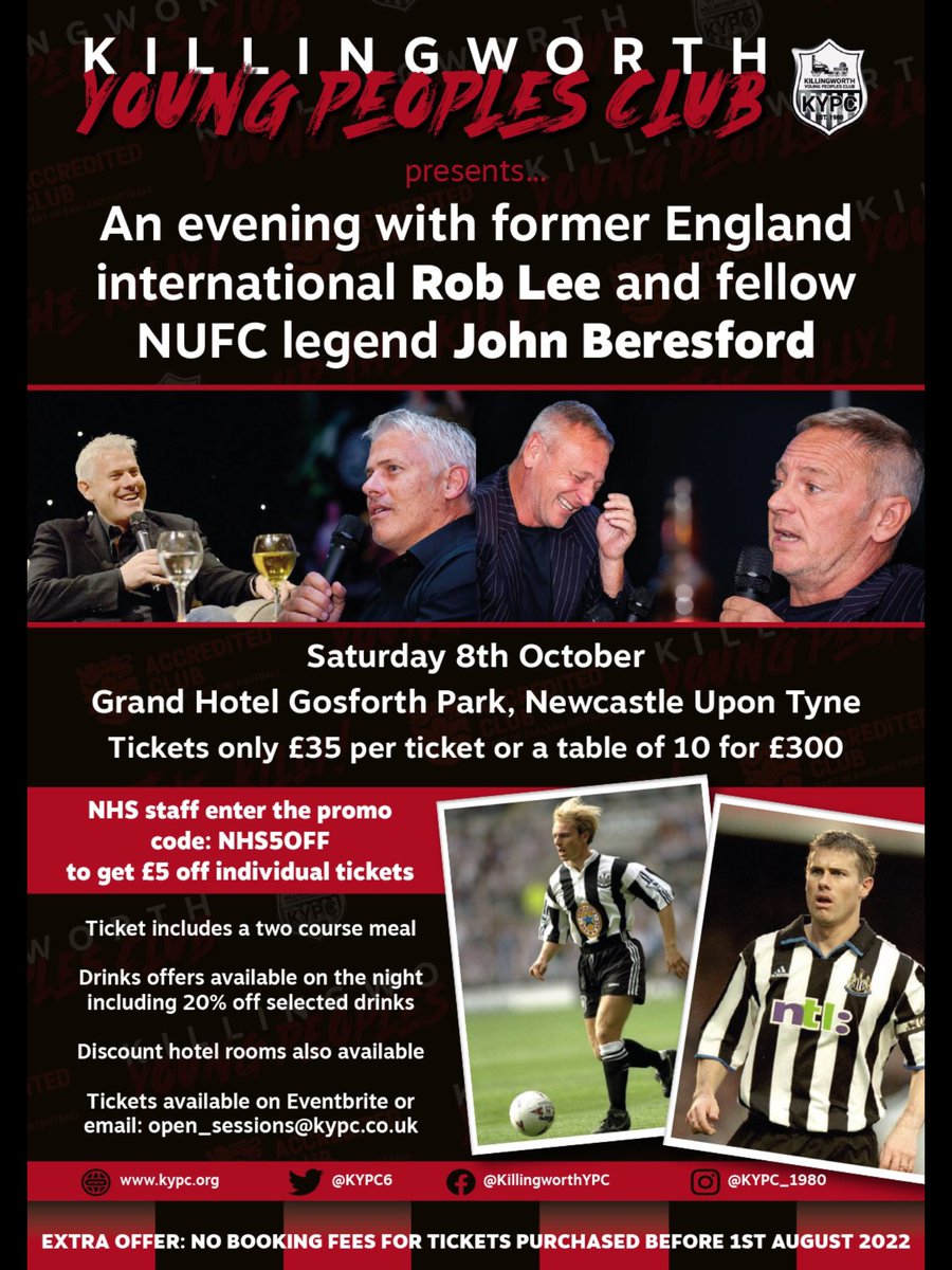 BenefitsEvery1's tweet photo. NHS offer - £5 off Entry - Evening with NUFC stars @KYPC6
2 football teams are holding an evening with 2 ex NUFC footballers Rob Lee and John Beresford to raise funds for the teams
https://t.co/aN1Ra7Gy7y
#kypc #nufc
#nhsdiscount #benefitseveryone #saveyourmoneyforthegoodstuff https://t.co/wnM1ccFd5x