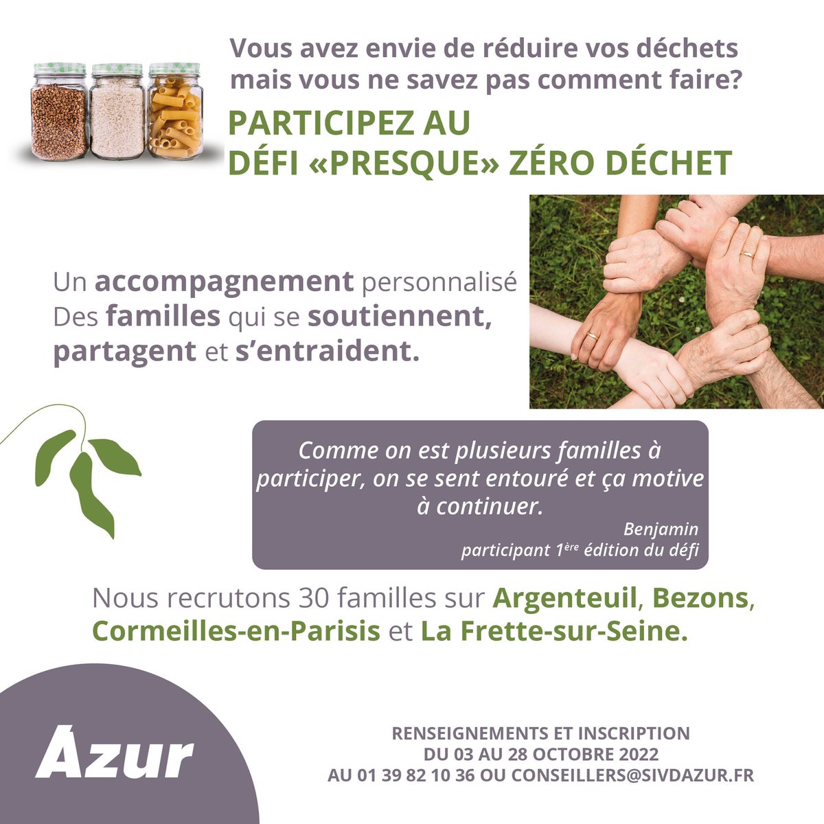 SyndicatAzur's tweet photo. Le syndicat Azur recrute pour la prochaine édition du #défipresque0déchet.
Rejoignez-nous pour bénéficier d'un accompagnement personnalisé et de conseils pratiques, et échanger avec les autres familles. 
@VilleArgenteuil @villedebezons @VilleCormeilles #lafrette #0déchet #trions https://t.co/q9m27znVHh