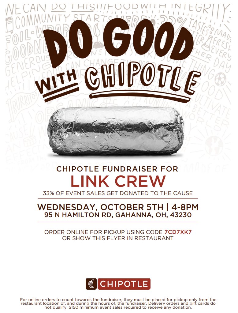 LinkCrew_GLHS's tweet photo. Hey Everyone! Please think about eating in or taking out from Chipotle in Gahanna on 95 N. Hamilton Rd. (across the street from GLHS) TOMORROW from 4pm-8pm. This will allow Link Crew to have more opportunities for engaging events. @GLHSLions https://t.co/JXRa60ySPZ