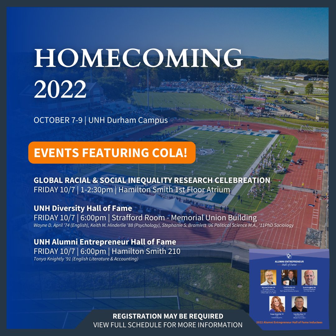 UNHCOLA's tweet photo. π Are you ready for @uofnh Homecoming weekend 2022? Make sure to check out the full schedule & support your fellow #COLA students, alumni, faculty, and staff! View the full schedule: https://t.co/FB4IruldWg @UNHAlumni #ThisIsUNH #UNHCOLA #COLAStrong https://t.co/OaX91SM5Fg