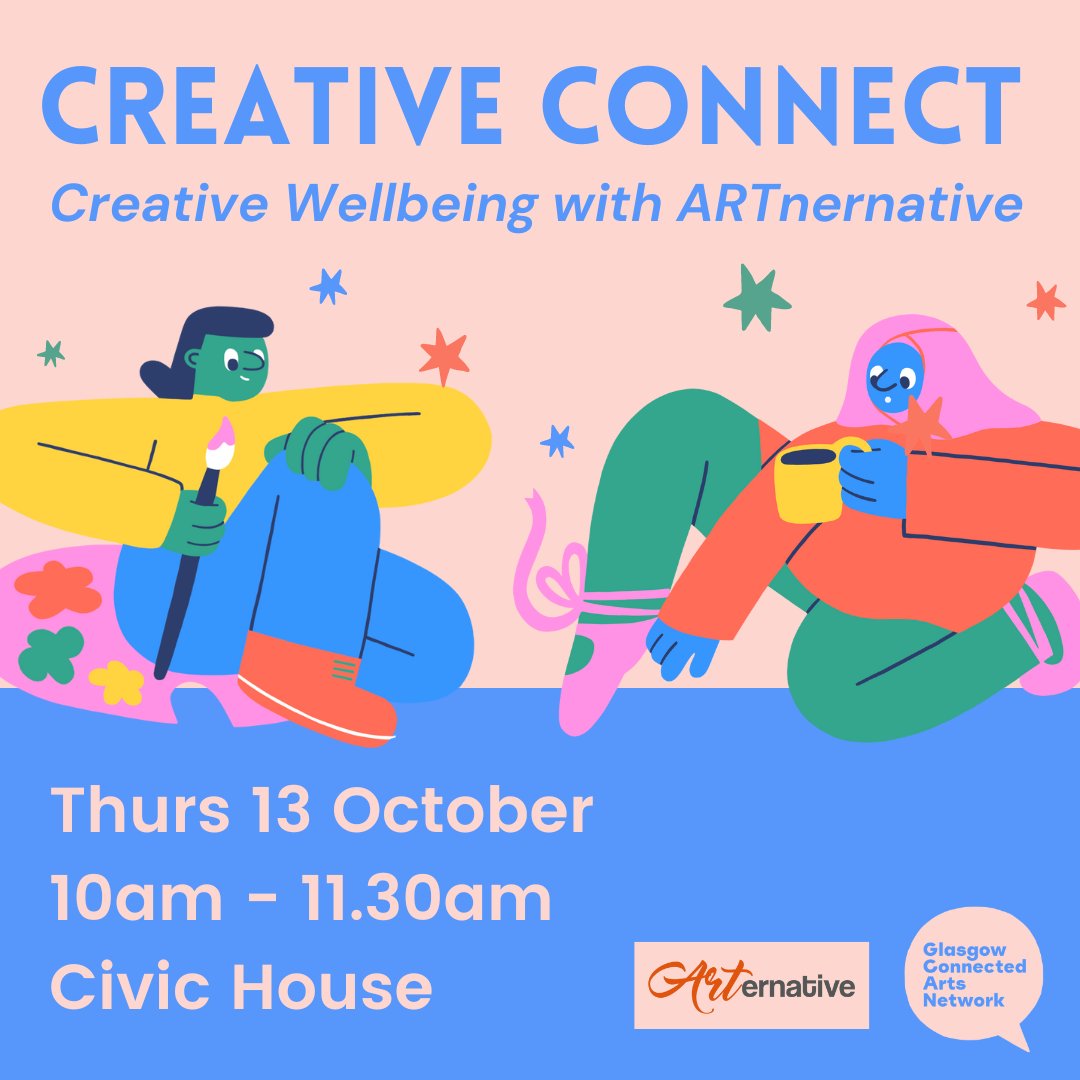 creative_gla's tweet photo. Would you like to come along to a creative meet-up centred around wellbeing this month? 🍂🤝

Join us on Thurs 13 Oct, 10 - 11.30am at Civic House where we'll be joined by guest Silvia Vazzana from #ARTernative. More info / sign up: https://t.co/Do0R18citB https://t.co/bAPnCIxeLI