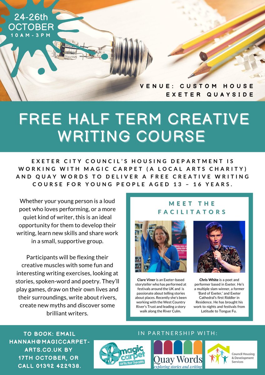 EX1magiccarpet's tweet photo. We're proud to work w/ @ExeterCouncil &amp; @SporkPoetry to deliver free #CreativeWriting course for ppl aged 13-16.

Loud poet who loves to perform? Or quieter writer? This is an ideal opportunity to develop their writing &amp; share their work. 1/2

#exeter #ArtsForHealth #mentalhealth https://t.co/TrPoTN31Mm