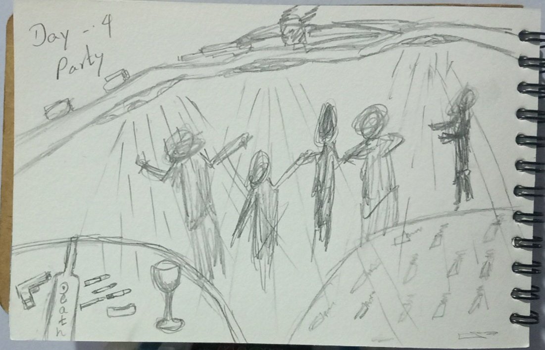 Day 4
Party

People are dancing and devil is leading to shoot gun.

#revotober