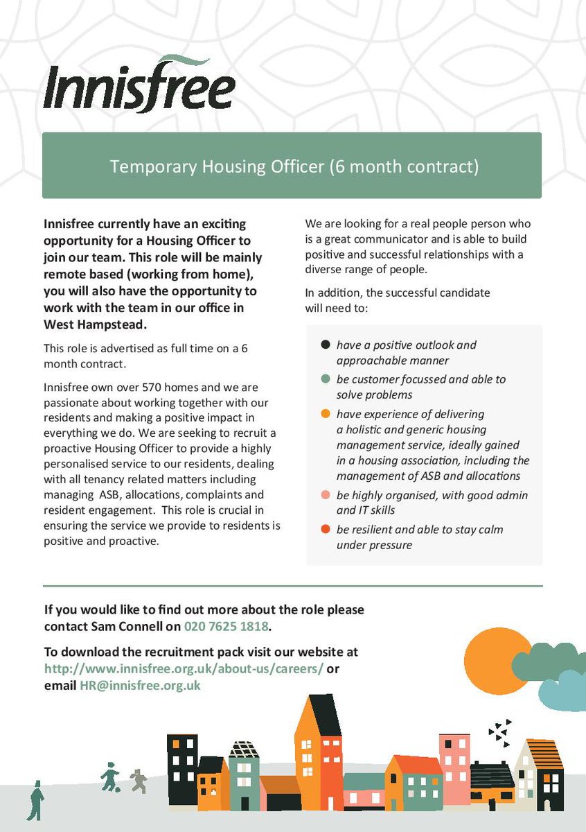 Innisfree currently have an exciting opportunity for a Housing Officer to join our team for a 6 month contract period. Mainly remote based but with an opportunity to work with the team in our office in West Hampstead. Click here to find out more innisfree.org.uk/about-us/worki…