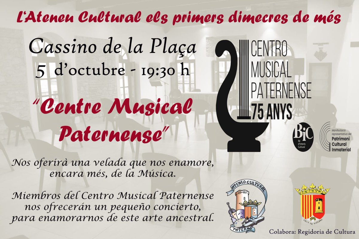 🎼 COLABORACIÓN CON EL ATENEO CULTURAL DE PATERNA 🎭

Mañana estaremos en el ateneo cultural de #Paterna, dentro de la programación de su Ciclo “Primers Dimecres de Mes”

📆 Miércoles 5 de octubre, 19:30 h
📍 Casino de la Plaza del Pueblo, PATERNA

¡¡ No te lo pierdas !! 🎨🎺
