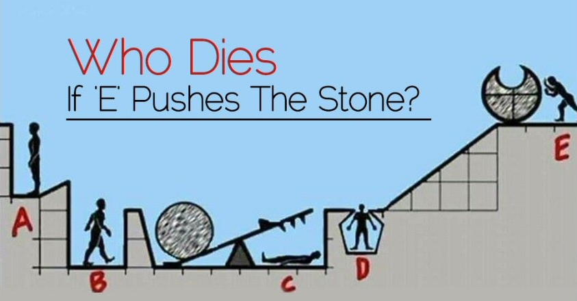 Physics.  Mathematics.

Which people will die if person E lets the round object roll down?  This puzzle has circulated so widely that someone is running a simulation here: tinyurl.com/y8az33r6

Does anyone know the puzzle's source, so we can give proper credit?
