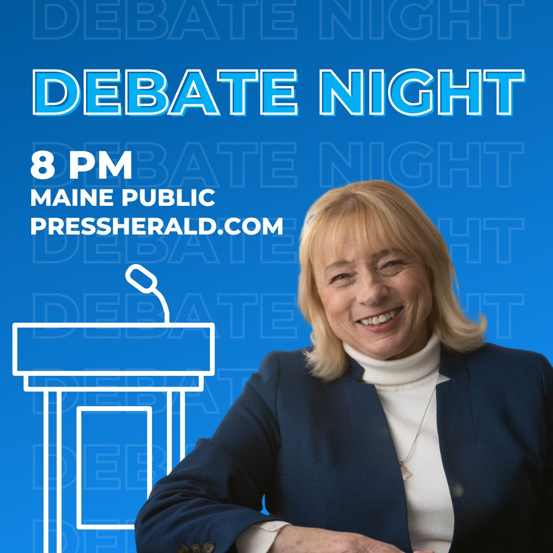 MaineDems's tweet photo. It’s debate night in Maine! Tune into Maine Public or https://t.co/NsTXBtuh2B at 8PM for tonight’s debate as @JanetMillsforME shows why she’s the leader Maine needs. #mepolitics https://t.co/AqS5YsOfPY