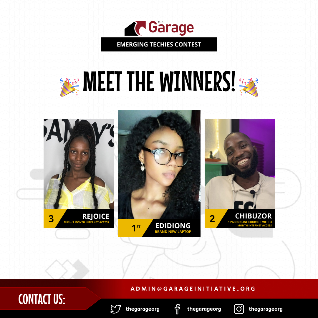 TheGarageOrg's tweet photo. Drum roll, please!

Meet the winner and runner-ups of the just concluded #GETC22 contest.

We are always looking for opportunities to make positive contributions to advancing tech education.

This was indeed an interesting event and we look forward to more engaging programs! https://t.co/sxMKZzCGL5