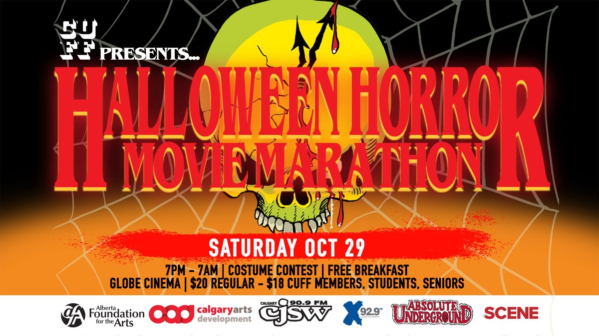 Calgary Underground Film (@cuff) on Twitter photo CUFF Halloween Lineup Announcement ๐ฃ ๐ ๐ช
Onย Saturday, Oct 29ย celebrate Halloween with CUFF at our annual 12-Hour Horror Movie Marathon! From 7pm until 7am the next morning, join us at <a href="/GlobeCinema/">Globe Cinema</a> for 7 horror films.
View the lineup & buy tickets now calgaryundergroundfilm.org/year-round/12-โฆ CUFF Halloween Lineup Announcement ๐ฃ ๐ ๐ช
Onย Saturday, Oct 29ย celebrate Halloween with CUFF at our annual 12-Hour Horror Movie Marathon! From 7pm until 7am the next morning, join us at <a href="/GlobeCinema/">Globe Cinema</a> for 7 horror films.
View the lineup & buy tickets now calgaryundergroundfilm.org/year-round/12-โฆ