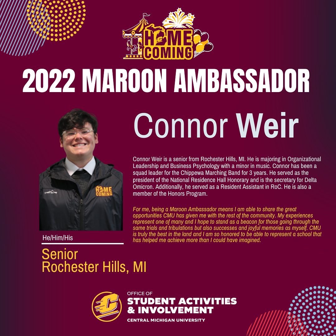 CMUActivities's tweet image. Voting for the 2022 Homecoming Gold Ambassador is open until Thursday, October 6th @ 5:00pm on Engage Central or the link in our bio!