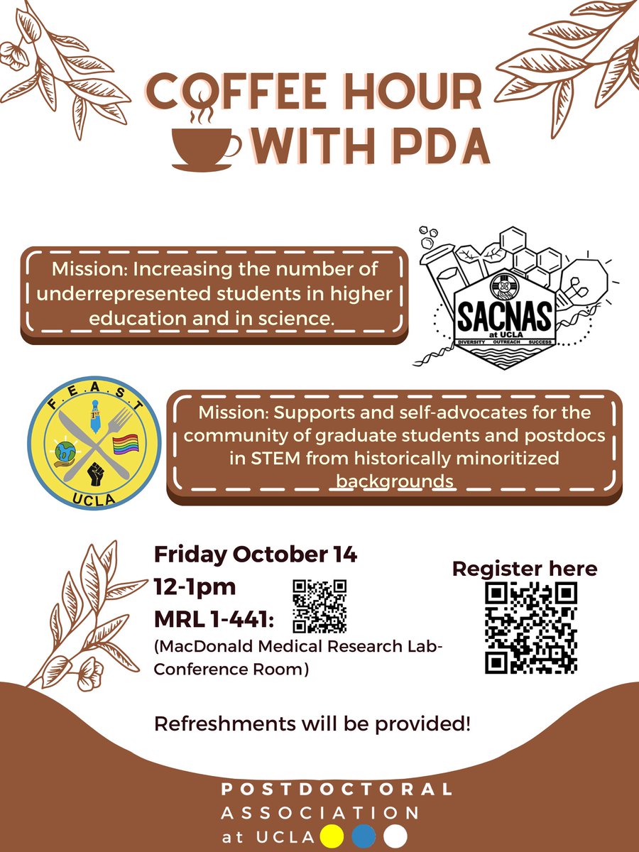 We will be speaking at <a href="/uclapda/">PDA at UCLA</a> together with <a href="/sacnas_ucla/">SACNAS at UCLA</a> on Friday Oct 14 at noon. Join us to learn more about our mission and more!

#AcademicTwitter #advocacy #URMinSTEM #STEMeducation