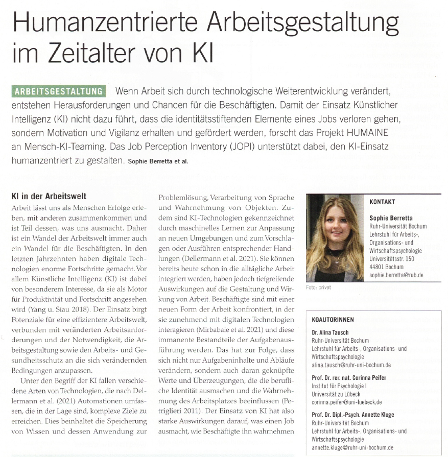 WorkHealthLab's tweet photo. Wir freuen uns über den kürzlich erschienenen Artikel in der @Zeitschrift_ASU von @sophie_berretta, Dr. @AlinaTausch, Prof. Dr. @corinnapeifer und Prof. Dr. Annette Kluge zur humanzentrierten Implementierung und Nutzung von #KI im Arbeitskontext! https://t.co/tGq2UCNr3c