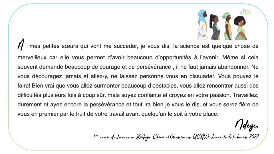 JigeenInSTEM's tweet photo. Excellente rentrée à toutes! 
Voici un message de la part de Ndèye, étudiante en première année de licence en Biologie, Chimie et Géosciences à l'Université Cheikh Anta Diop (UCAD) et lauréate de la bourse de persévérance. 
👩🏿‍🔬👩🏿‍🔧
"Et tout ira bien"

#WomenInSTEMInspire https://t.co/ESpYicZ5Ry