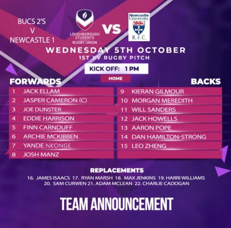 LboroRugby's tweet photo. In the build up to tomorrows big BSR clash, we have 2 other fixtures on the 1stXV Rugby Pitch

🚨BUCS 2 vs Newcastle 1s
📍1st XV RUGBY PITCH
⏰ 1pm

🚨BUCS 3 vs Notts Trent 2s
📍1st XV RUGBY PITCH
⏰ 4pm

#lbororugby #lborosport #lwow #wherehistorybegins #africanviolet https://t.co/vmWW8i9g5h