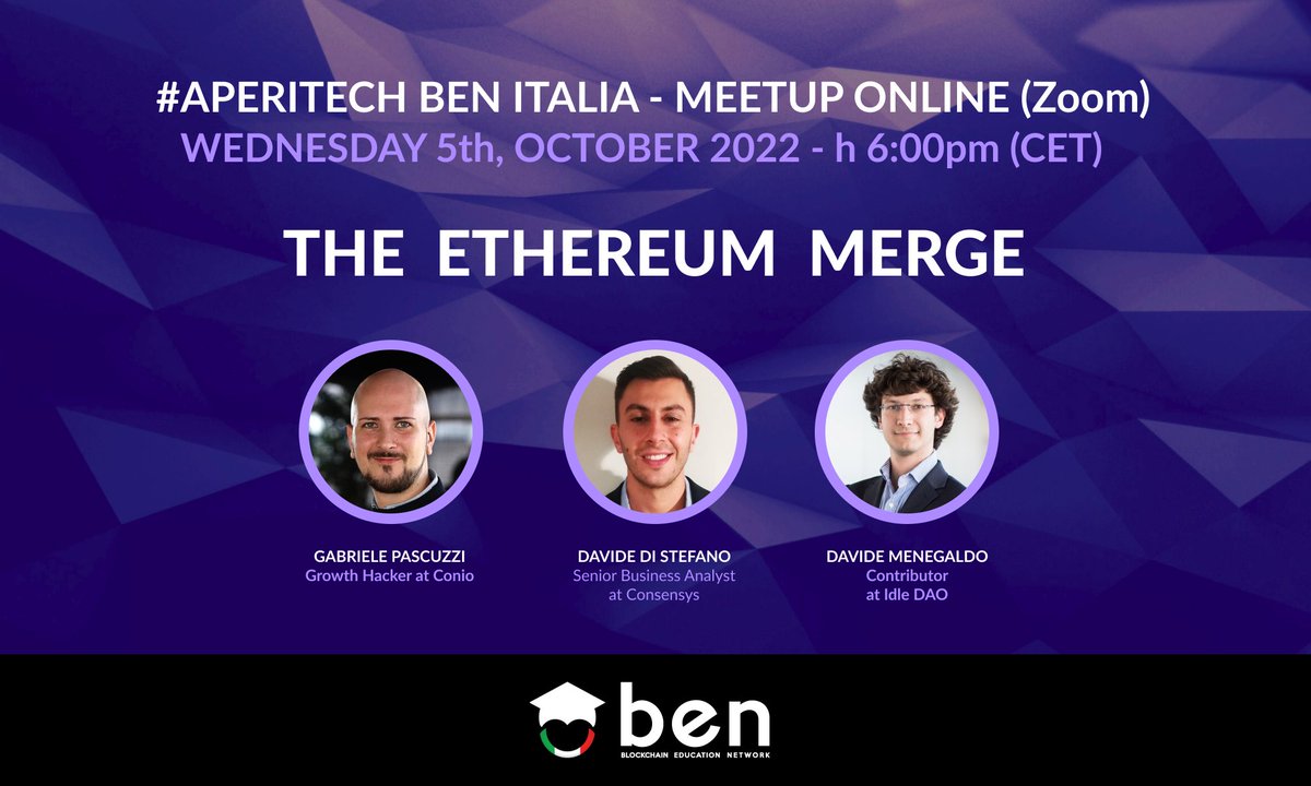 📣 Domani dalle ore 18:00 torniamo con i nostri eventi online #AperiTech!
 
👉 Iscriviti da qui: bit.ly/3LBGS7X
 
🎙 Parleremo del Merge di #Ethereum: sviluppi futuri dell'ecosistema, aspettative e realtà riscontrate post-merge.

Don't miss!
#BlockchainEdu