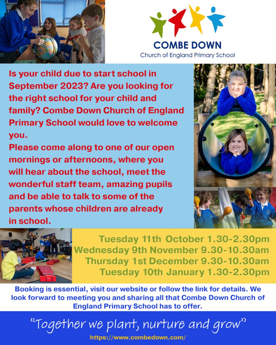 CombeDownPTA's tweet photo. 🖍📚✏️ If your child is starting Reception in September 2023 come along to one of the Open Days at our lovely school. Booking is essential at https://t.co/4ZFkTBc7pU https://t.co/B4QAzI7ZCz