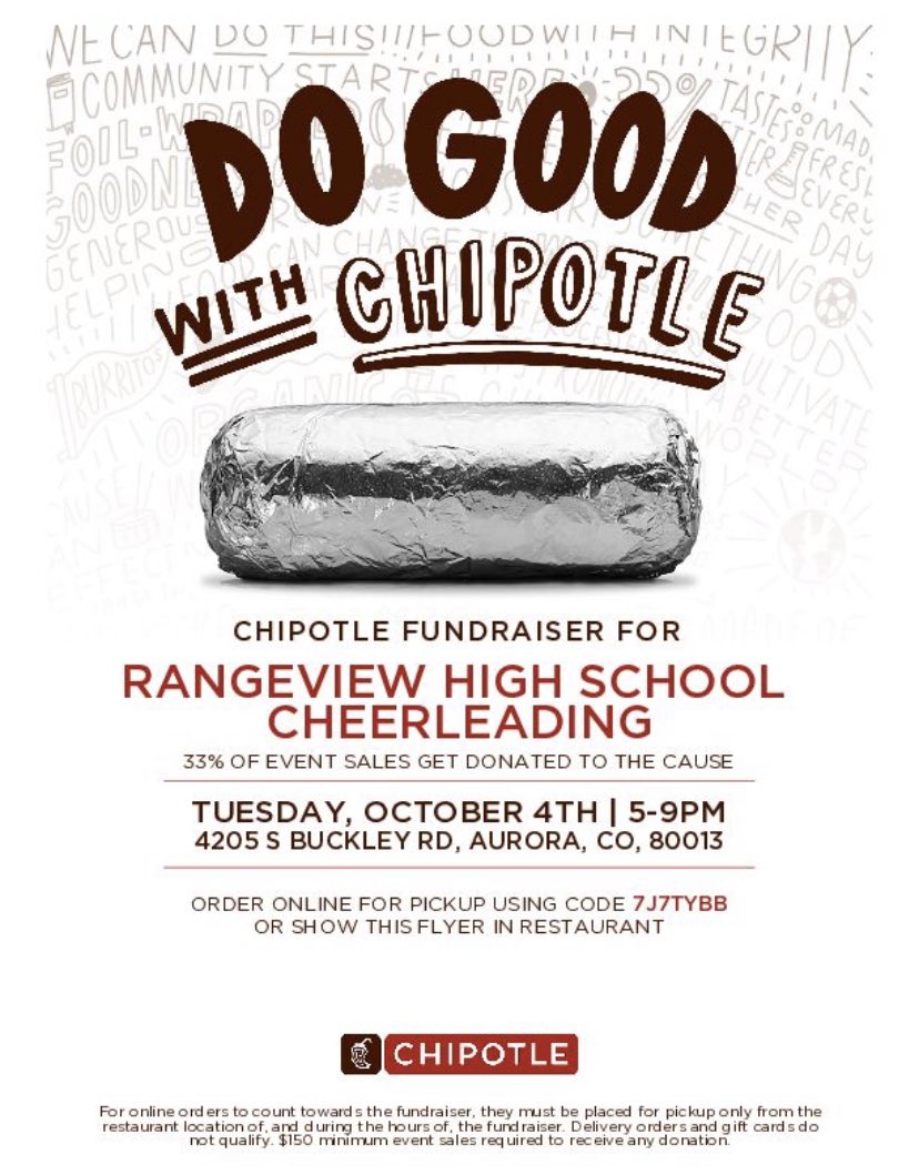 Today’s the Day!

Support Rangeview Cheer at Chipotle TONIGHT from 5-9pm at the Buckley and Quincy location! 🌯🌮

Use code: 7J7TYBB for Online Orders!