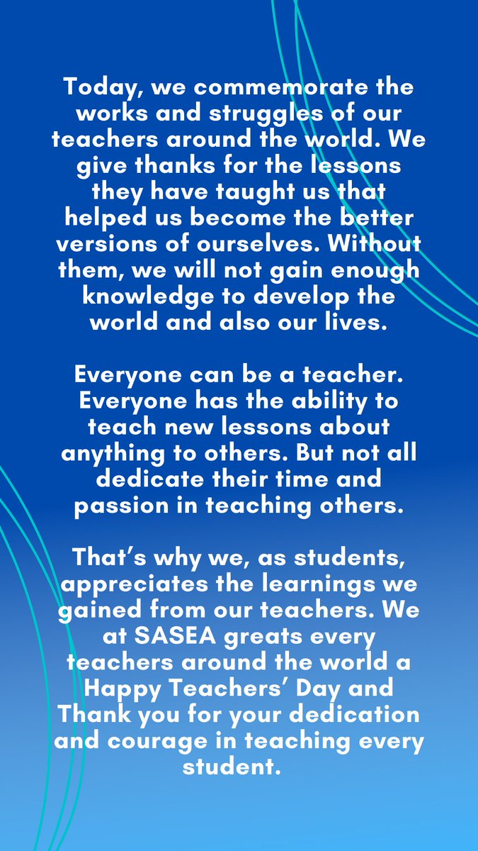 saseasia's tweet photo. Happy Teachers’ Day to all Teachers around the world! Thank you for your dedication and courage in teaching💙
#sasea #Teachers #WorldTeachersDay2022 https://t.co/lJsDAQ8rnd