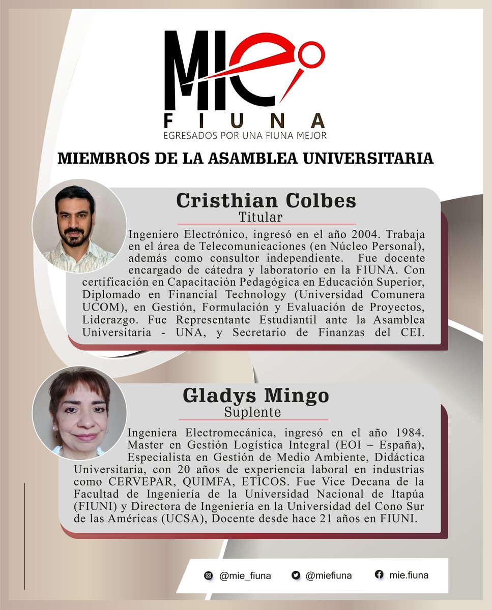 Estos son nuestros candidatos a Miembros de la Asamblea Universitaria. 

El Miércoles 19 de Octubre, VOTÁ MIE!

 #miefiuna #mie #fiuna #una