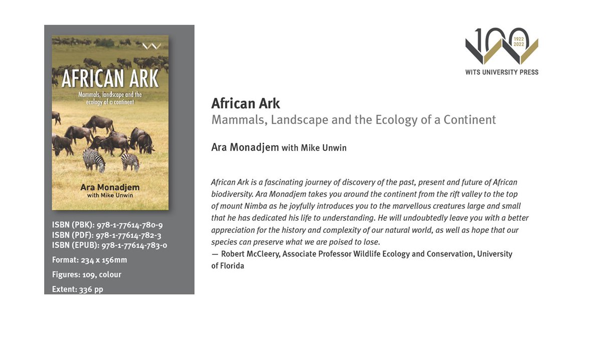 MonadjemAra's tweet image. Are you interested in #Africa or its #wildlife, particularly its #mammals? Do you want to know where Africa's wildlife came from? Why species are distributed where they are? Why communities contain the species that they do? Answers in my latest book 'African Ark'. Enjoy &amp;amp; share!