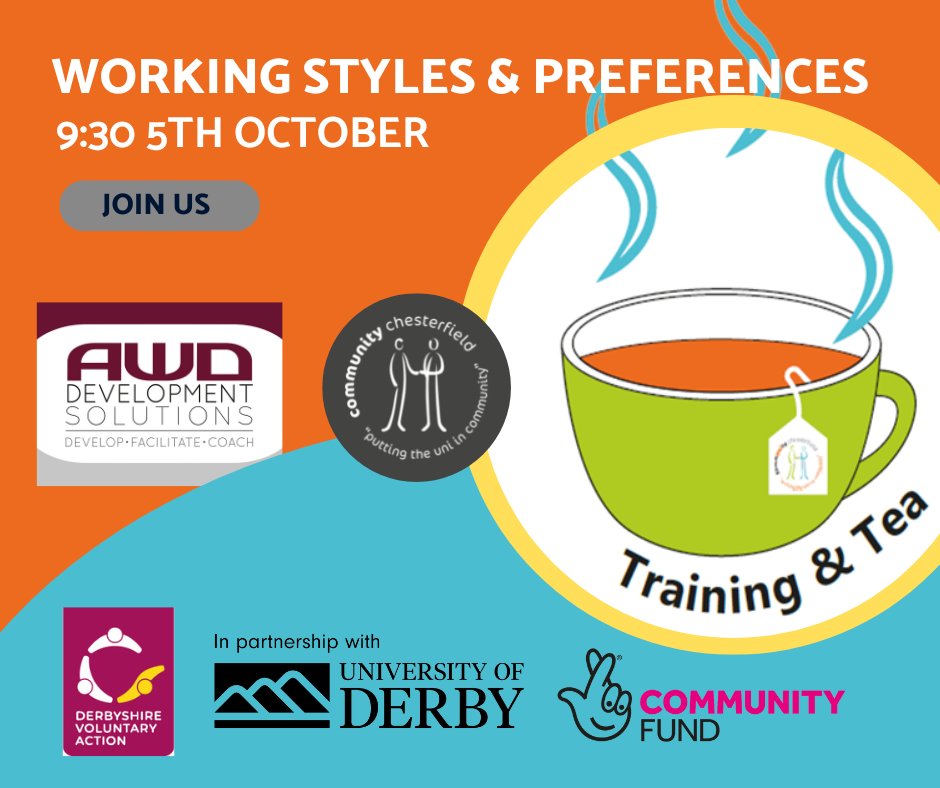 ComChesterfield's tweet photo. Last call for our FREE* online bitesize sessions with your morning cuppa!
9:30am 5th October kicking off the first of the new Training &amp; Tea sessions with Working Styles &amp; Preferences.
All details at https://t.co/in1X91yugU
#trainingandtea #lovechesterfield #lovederbyshire https://t.co/lv7F95HcS6