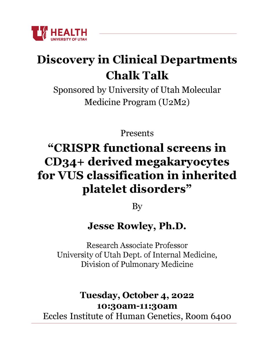 Join us this morning, in person, for Dr. Jesse Rowlwy's Chalk Talk. He will be presenting about an NHLBI R01 resubmission and would appreciate your feedback.