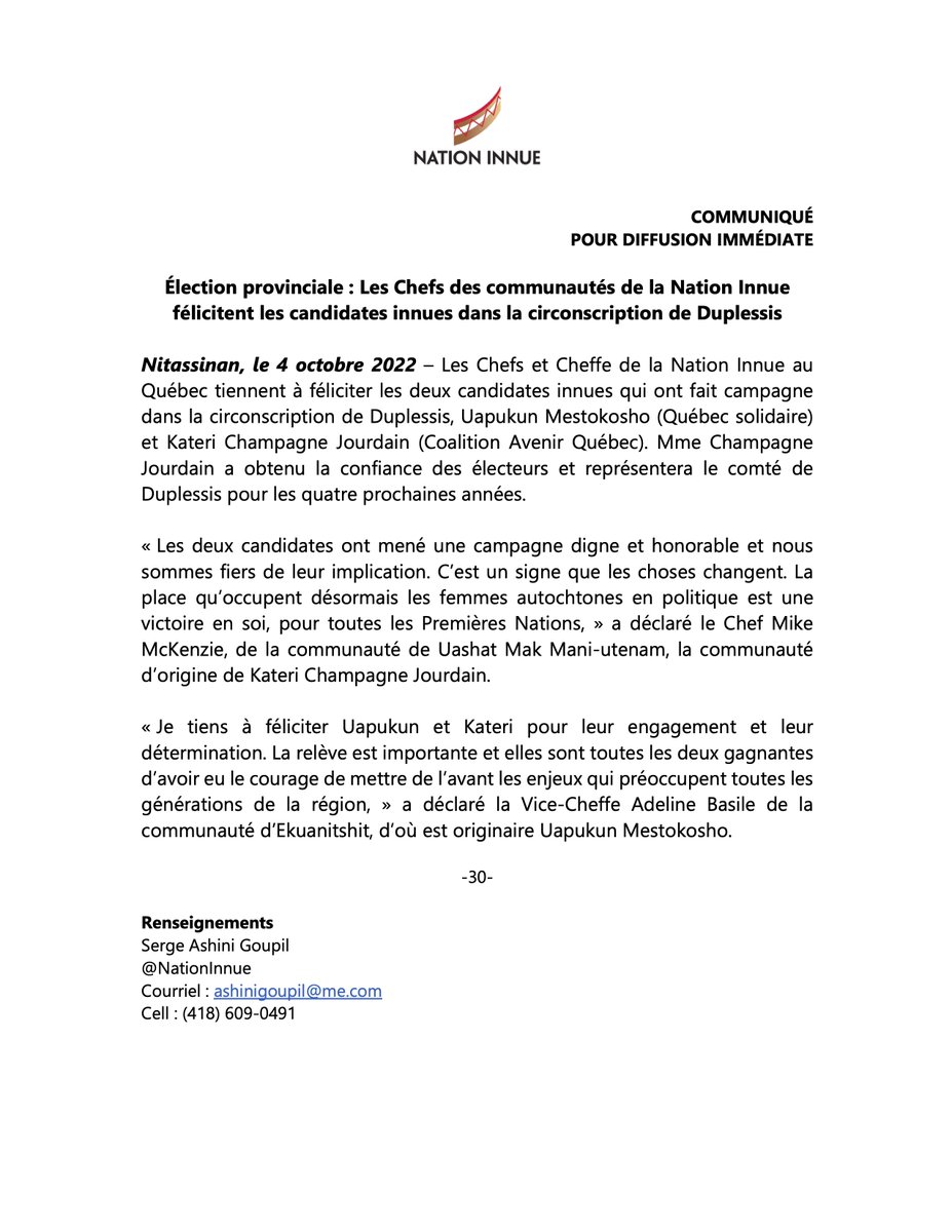 Chefs/Cheffe #NationInnue tiennent à féliciter les deux candidates innues qui ont fait campagne dans la circonscription de Duplessis, <a href="/UapukunM/">Uapukun Mestokosho</a> Mestokosho <a href="/quebecsolidaire/">Québec solidaire</a> et <a href="/CJKateri/">Kateri Champagne Jourdain</a> Champagne Jourdain <a href="/coalitionavenir/">Coalition Avenir Québec</a>. Félicitations Kateri pour ton élection! #polqc #qc2022