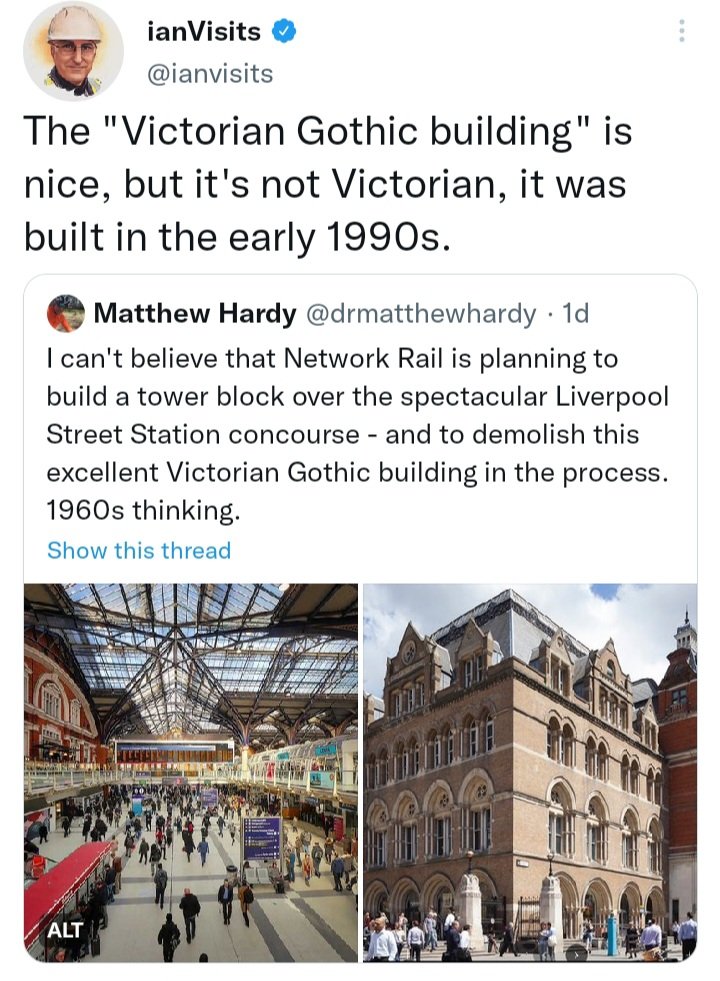 Jonny_hib_bird's tweet photo. Ok, but if developers are allowed to use that justification to demolish it, that sets a precedent. They'll be able to demolish St Pancras in a few years because a lot of the present station 'only dates from the 00s' #SaveLiverpoolStreet https://t.co/EUD0DynzXO