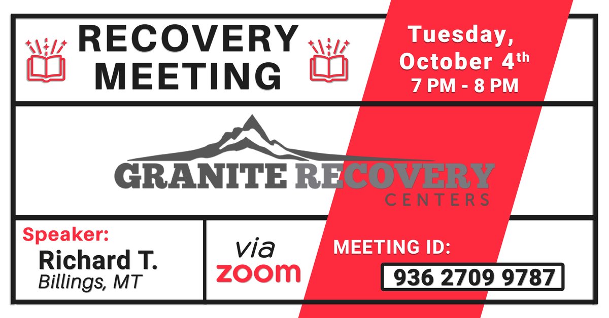 GRCtreatment's tweet photo. Zoom Recovery Meeting tonight 7 PM - 8 PM.
Guest speaker Richard T. from Billings, MT.

Meeting ID: 936 2709 9787
Meeting Link: https://t.co/K8ebfb89W5

#recoveryispossible #TogetherWeCan #roadtorecovery #wedorecover #journey #gratitude #healing #sobermovement #listenandlearn https://t.co/hYD0mq4EOA