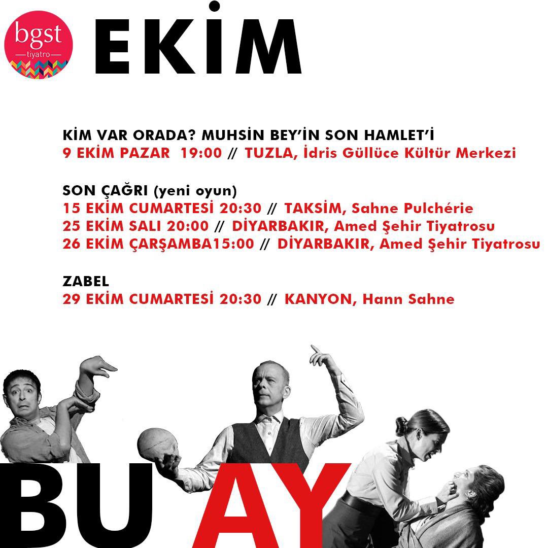 Ekim takvimimiz hazır 🎭

Biletler ile ilgili detaylara Instagram sayfamızdan ve linktr.ee/bgst_tiyatro linkinden ulaşabilirsiniz.