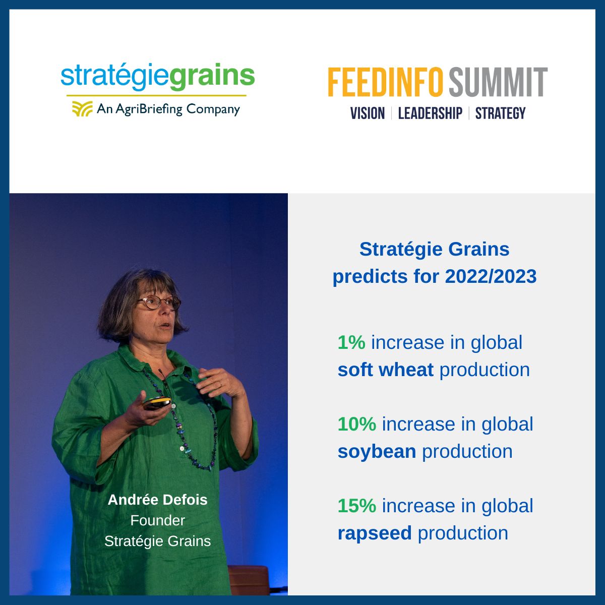 'When it comes to the 2022/2023 harvest, Stratégie Grains predicts that wheat, barley, and soybean stocks will increase strongly compared to this year, even in the absence of Ukrainian grain'.

This was last week at the Feedinfo Summit. Read more: ow.ly/r1Bu50L0SQv