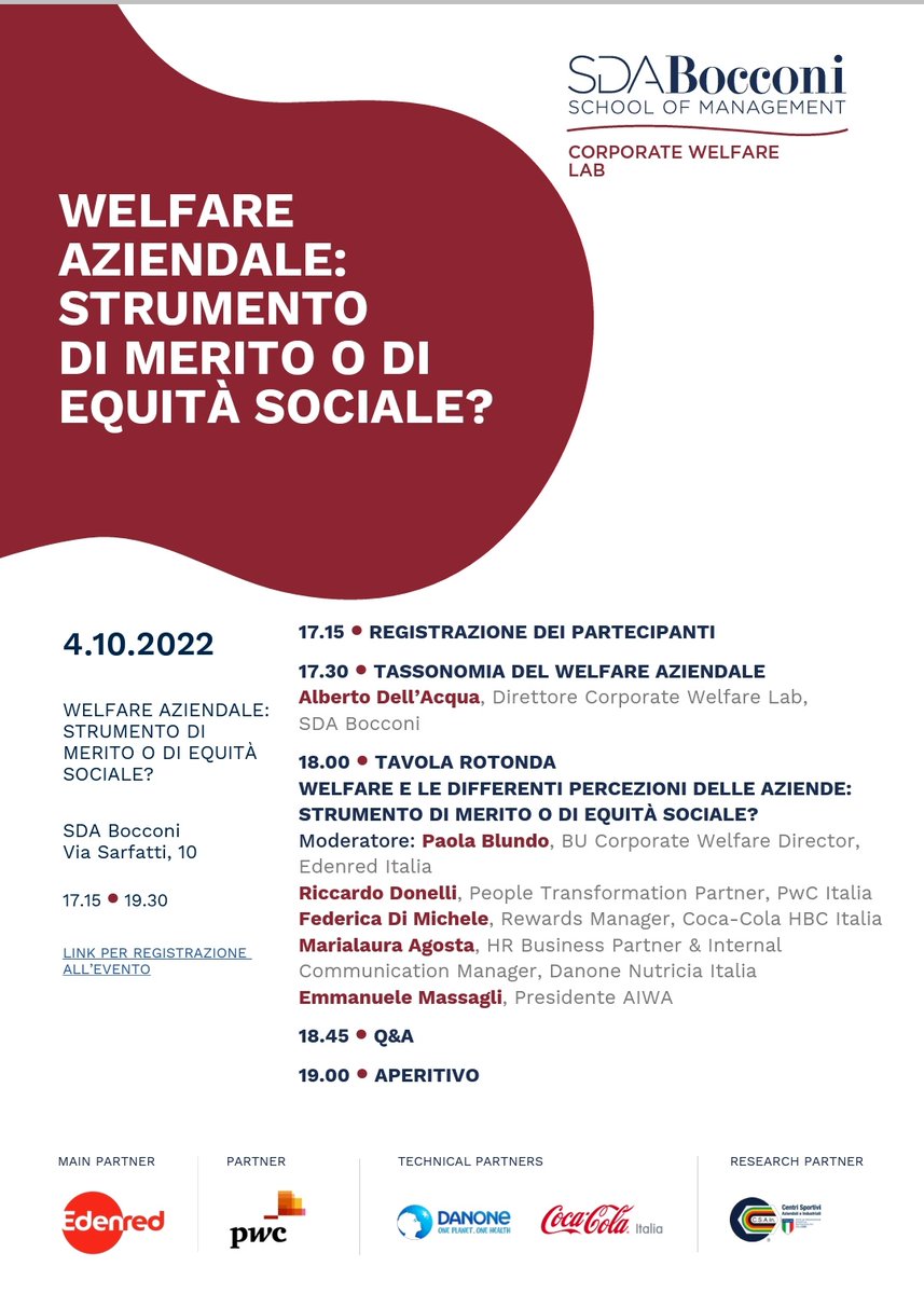 EMassagli's tweet photo. Ora in @sdabocconi con @PwC_Italia @CocaColaIT @Danone @Edenred_Italia per parlare di #welfareaziendale: merito o equità sociale? Si discutono i risultati di #WelfareLab https://t.co/Gj2Iz06Ywl
