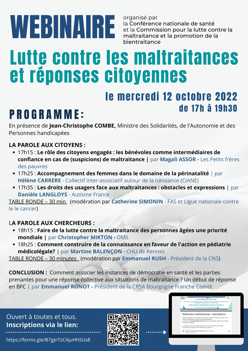 cns_sante's tweet photo. 📣La CNS et la Commission pour la lutte contre la maltraitance et la promotion de la bientraitance organisent un #webinaire le 12 octobre sur la "Lutte contre les #maltraitances et réponses citoyennes"
👉Ouvert à tous, inscription obligatoire : https://t.co/LZID3vppeu https://t.co/YxEcthcqOz