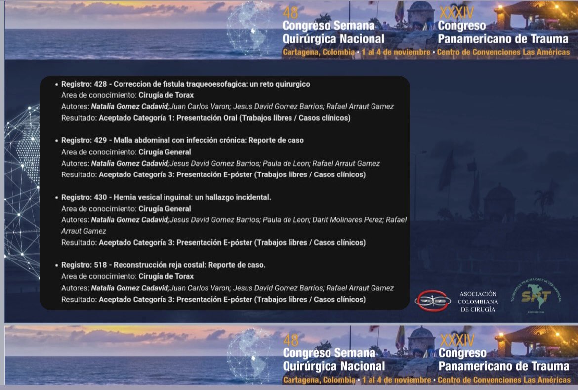 Cirugiaunilibre's tweet photo. 25 participaciones de nuestros residentes y docentes para el 48 Congreso Semana Quirúrgica Nacional @ascolcirugia y 34 Congreso Panamericano de Trauma @Panamtrauma 

#AsColCirugía50años #SoMe4Surgery 

@OscarGuevaraHPB @PipeCabreraV @anhanssen @pferrada1 @julianita206 https://t.co/UpnJ8jPKGX