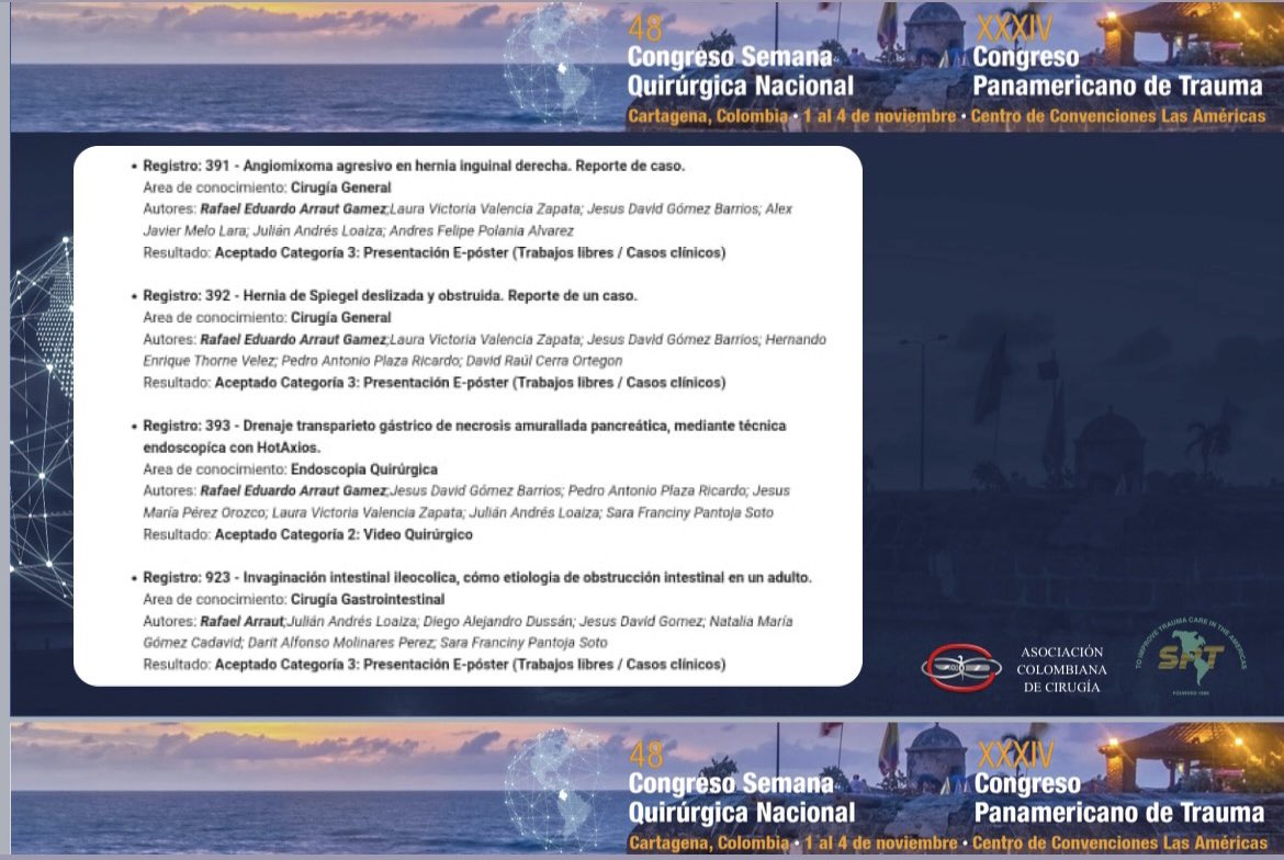 Cirugiaunilibre's tweet photo. 25 participaciones de nuestros residentes y docentes para el 48 Congreso Semana Quirúrgica Nacional @ascolcirugia y 34 Congreso Panamericano de Trauma @Panamtrauma 

#AsColCirugía50años #SoMe4Surgery 

@OscarGuevaraHPB @PipeCabreraV @anhanssen @pferrada1 @julianita206 https://t.co/UpnJ8jPKGX