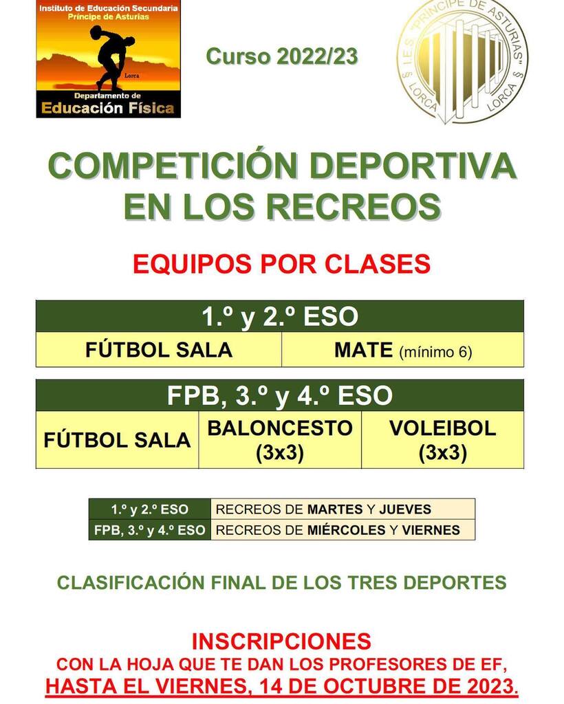 raulmartinez2ef's tweet photo. En el @iesprincipeasturias el departamento de #edufis lanzamos una COMPETICIÓN POLIDEPORTIVA por CLASES para los RECREOS. 

Apúntate ya con la hoja de inscripción que os dará tu profe EF. Tenéis hasta el 14 octubre.

#recreosactivos 
#muévete #participa … https://t.co/b9f6fD7BIM https://t.co/yoZrMCo7To