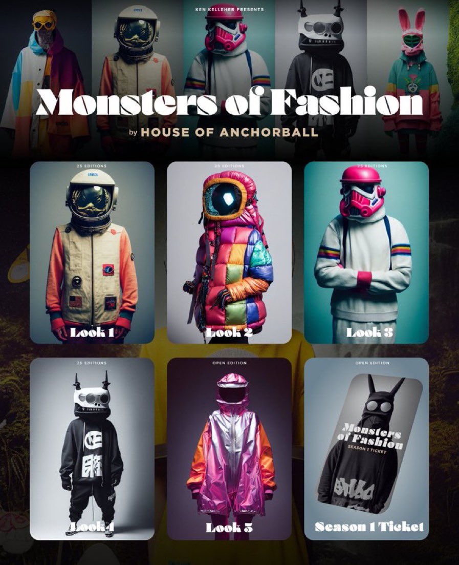 Coming this Friday 10.7.22 8pm EST Monsters of Fashion Drop with @niftygateway 4 pieces / editions of 25 1 open 1 open ticket for WL on my 500 piece drop coming late Oct / Early Nov niftygateway.com/publisher/anch… #NFTCollection #ETH #nftart #monstersoffashion #NiftyGateway