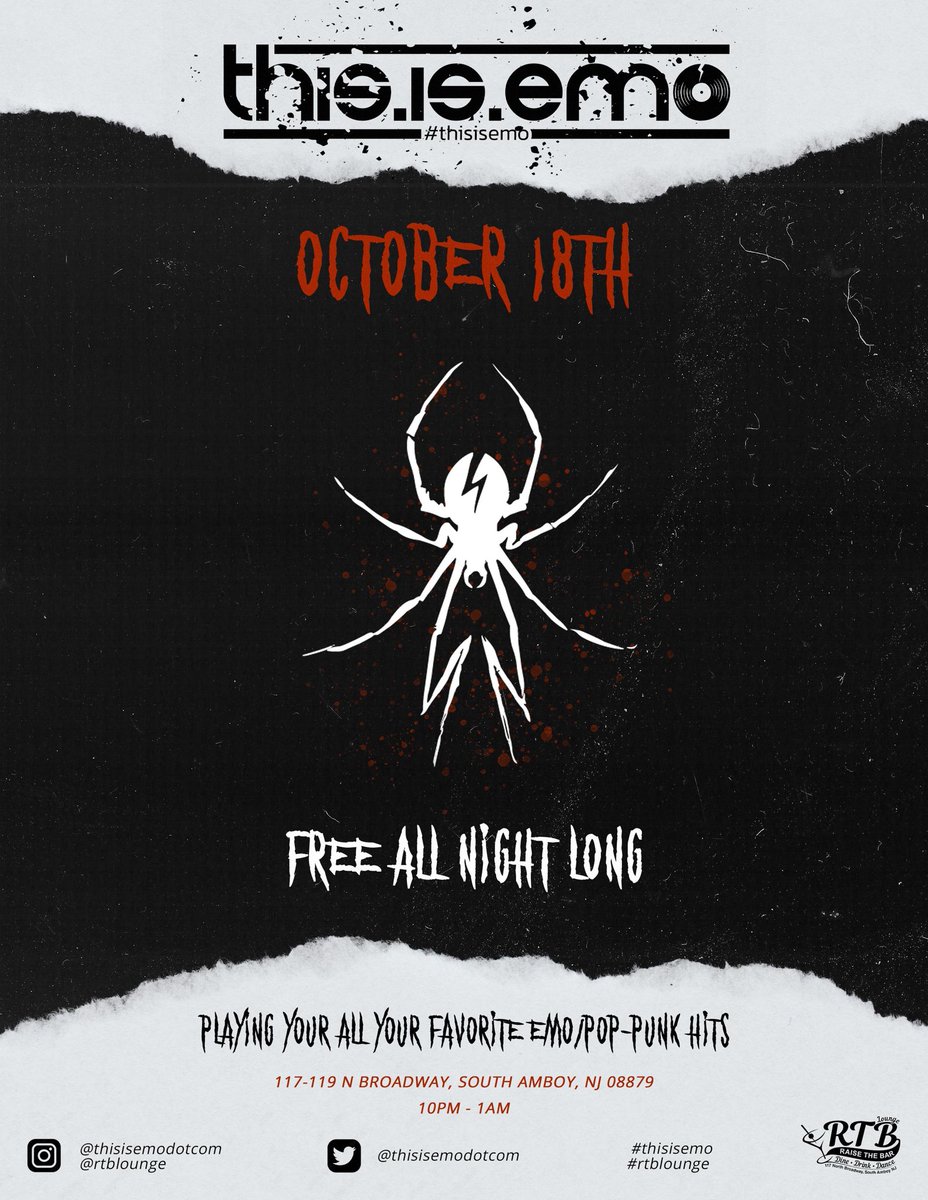 ThisIsEmoDotCom's tweet photo. nj emo’s!
10.18.22 -this.is.emo x rtb lounge | free emo night!
rsvp —> https://t.co/WZuq3WO8e0
#nj #emonight #emo #poppunk #dj #party #rtblounge #southamboy #mcr https://t.co/Q6A77U0OQq