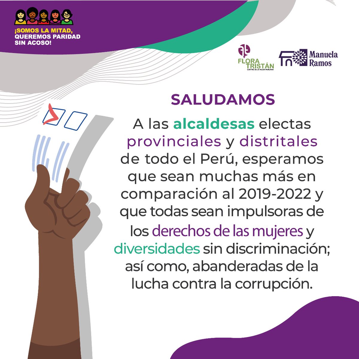 paridadperu's tweet photo. 🇵🇪📢#ERM2022
Saludamos la elección de alcaldesas provinciales y distritales a nivel nacional.
Recordamos que esta pendiente la adopción de la #ParidadHorizontal para las candidaturas a las alcaldías. https://t.co/wsY5RwzSiB