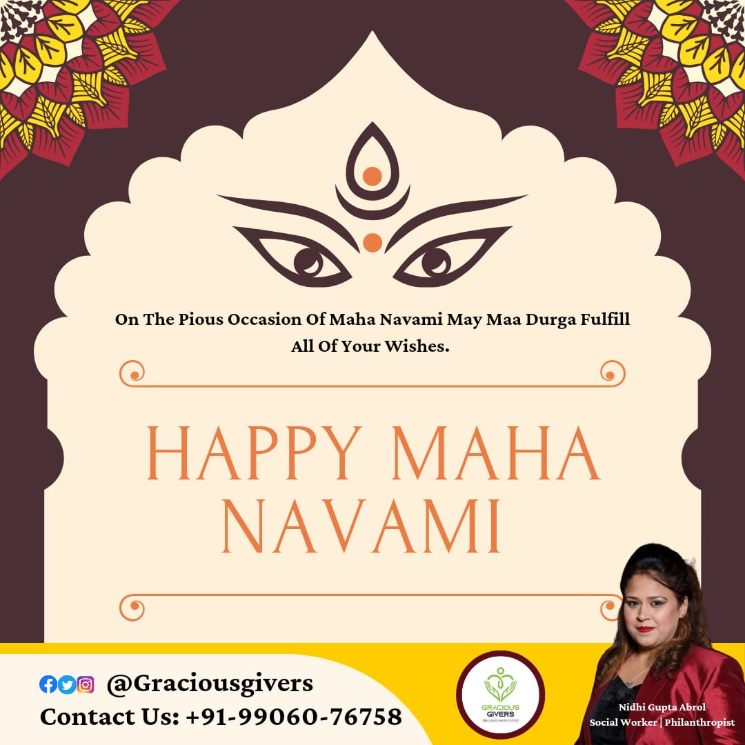 GuptaAbrol's tweet photo. Gracious Givers Family wishes,

May the air you breathe be filled with laughter and love. May this Maha Navami bring you happiness and prosperity. 
Happy Durga Navami, everyone!

Regards 
Nidhi Gupta Abrol
Founder: Gracious Givers

#MahaNavami #MahaNavami22 #madurga #durgapuja22 https://t.co/1RakZYRWPX