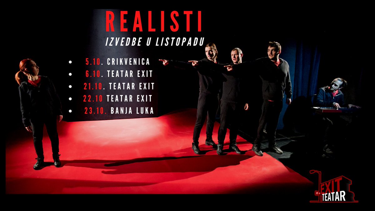 TeatarEXIT's tweet photo. [#REALISTI u listopadu]
✍"Mladenački, razigrano, neobično, aktualno, genijalno..." (Klaudio Vrančić, Ri Prsten)
Ovo su samo neki u nizu od komentara kostrenske publike, a kako će se svidjeti vama provjerite na izvedbama u listopadu. Jeste li već nabavili svoje ulaznice? 😊 https://t.co/VIMs1gkwLR