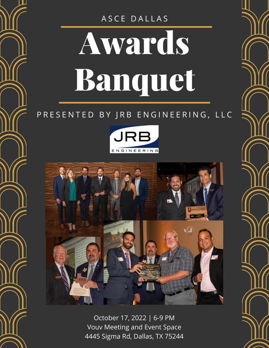 Our 2022 ASCE Dallas Awards Banquet Presented by JRB Engineering (<a href="/jrbengineering/">JRB Engineering</a>)  is coming up on Monday, October 17th from 6:00-9:00 pm! 

See the link below to register and for more event information! 

lnkd.in/g4DZr8eG